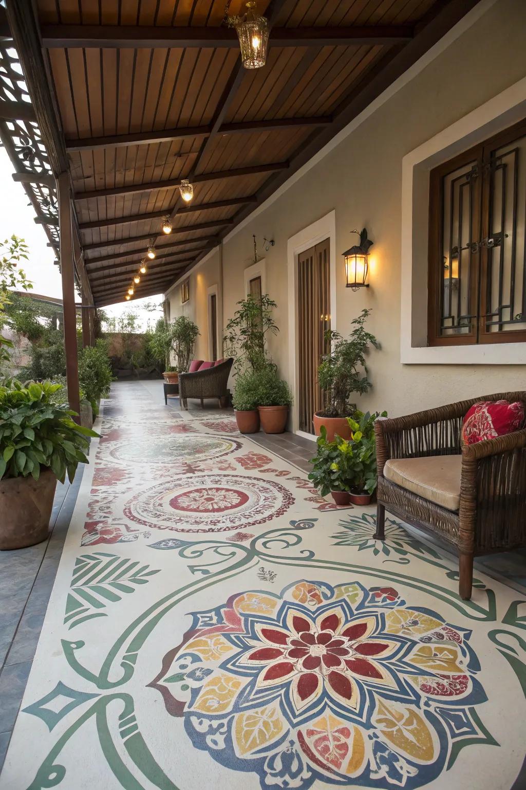 Stenciled flooring adds artistic flair to your patio.