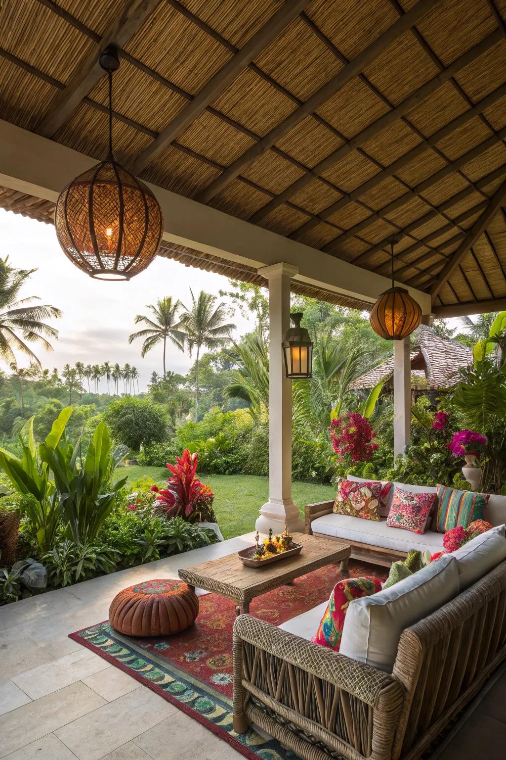 A thatched roof brings a tropical ambiance to your patio.