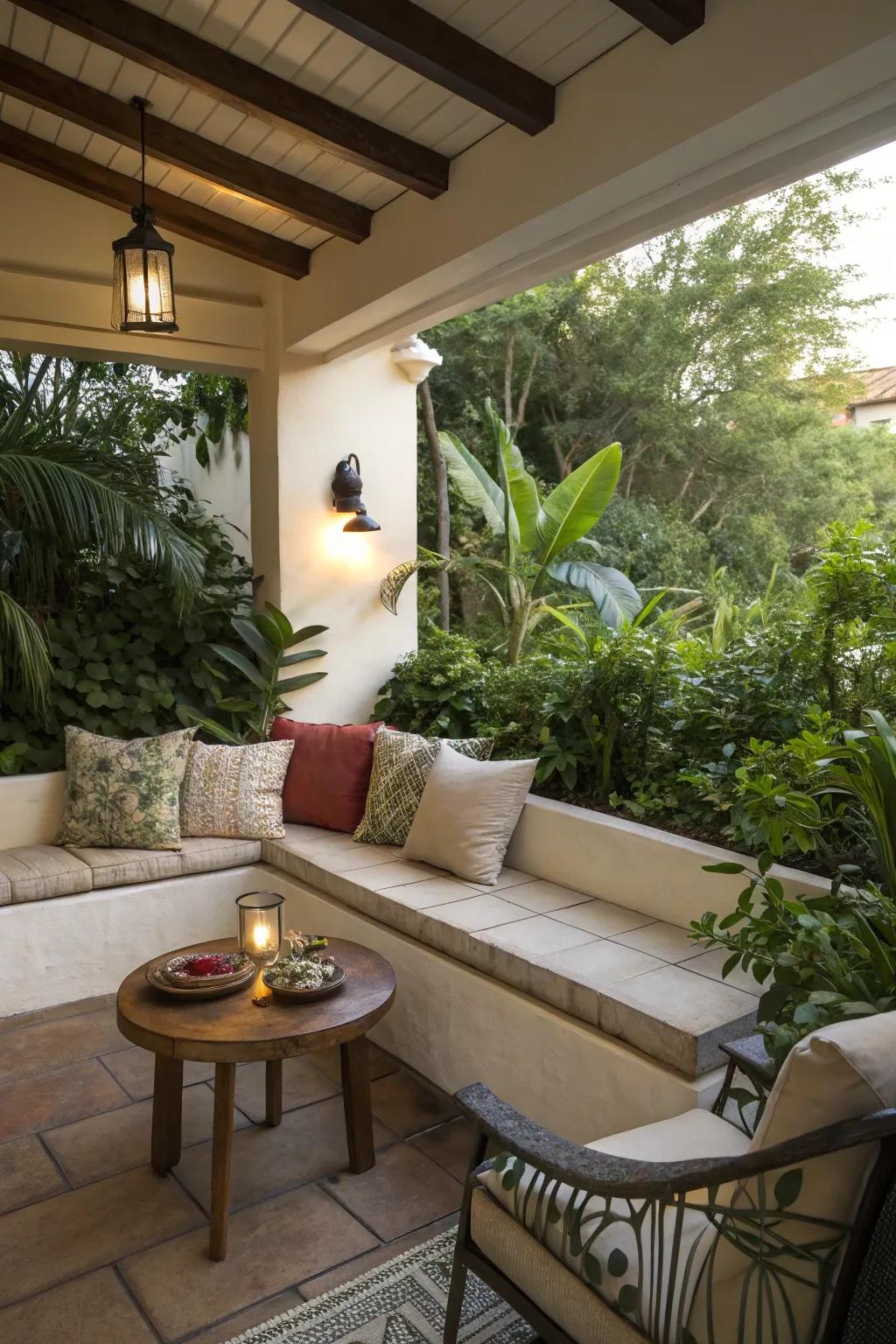 A cozy corner with built-in seating invites relaxation and conversation.