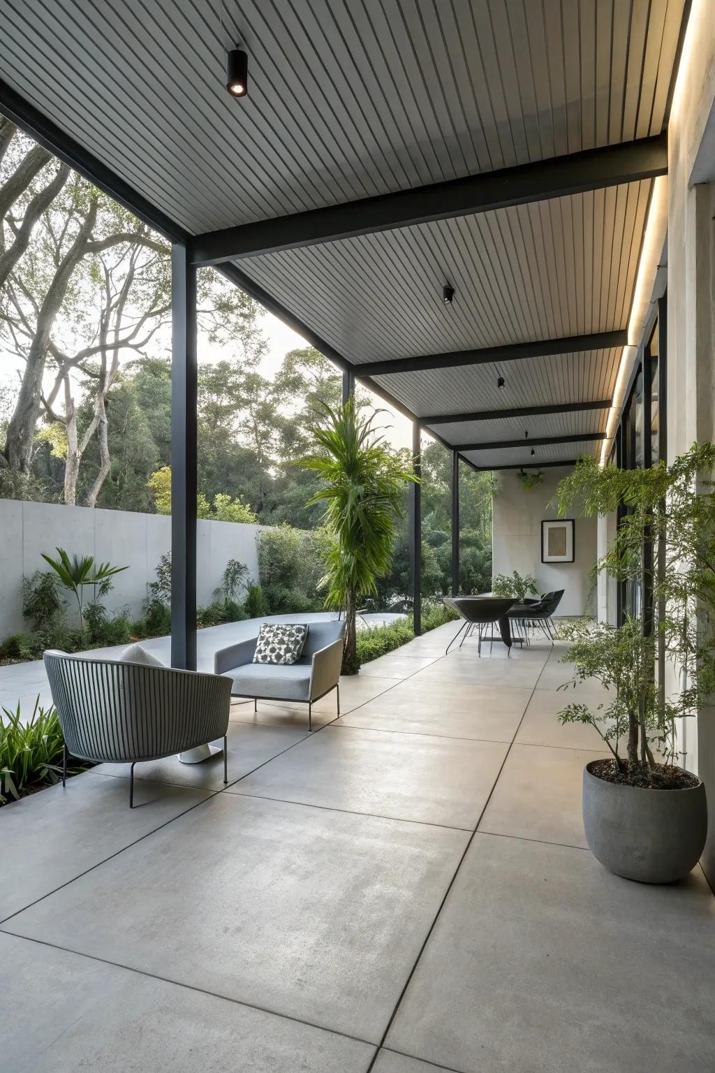 Concrete and steel offer a modern, durable patio design.