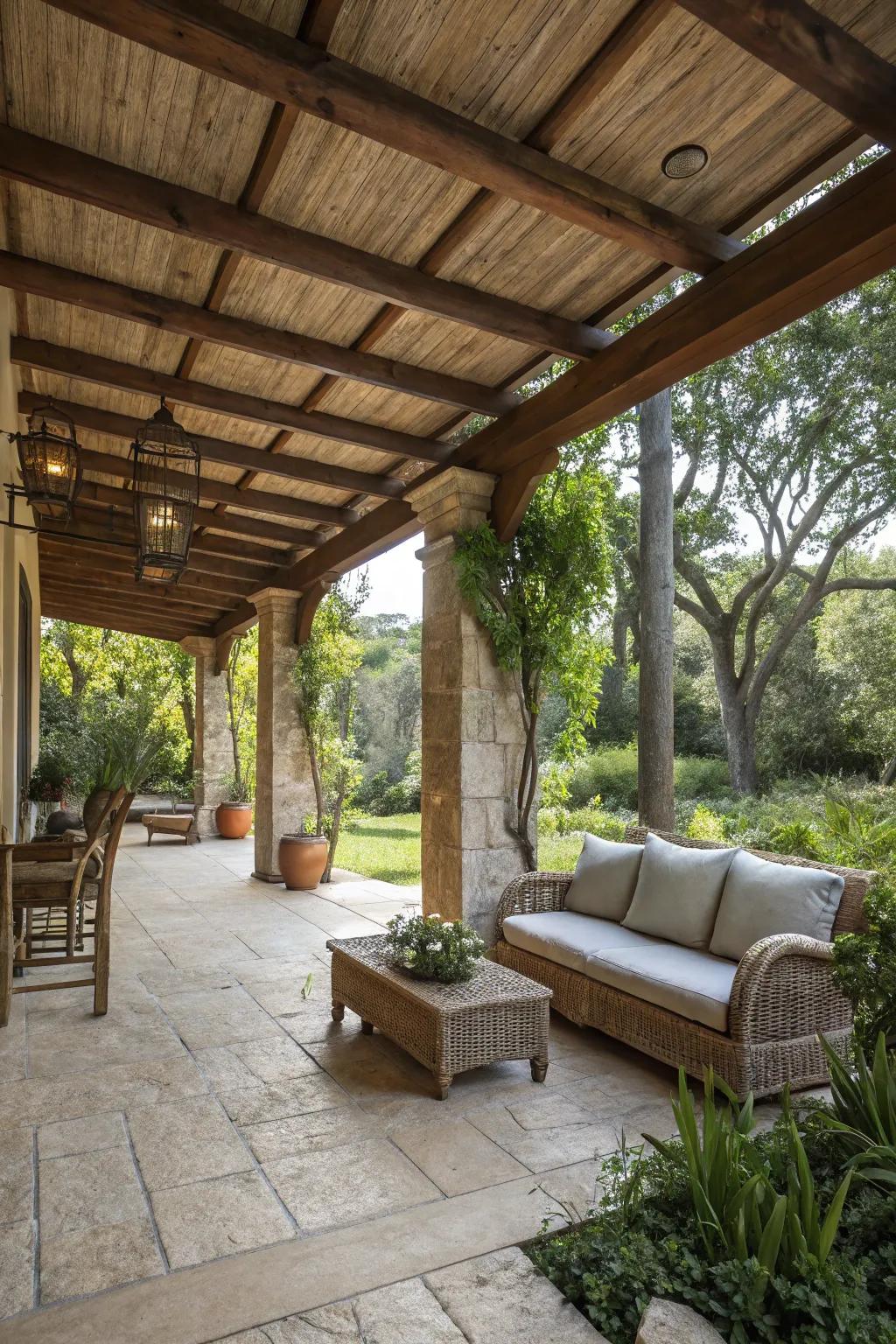 Wooden beams add rustic charm to your covered patio.