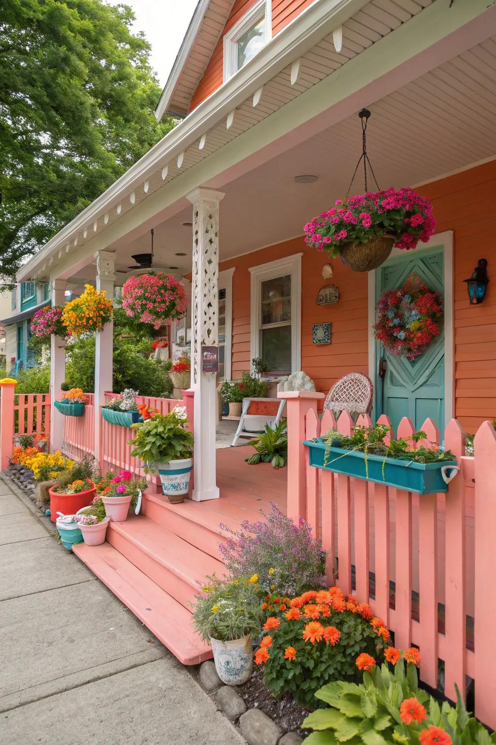 A vibrant coral porch with playful decor and colorful plants.