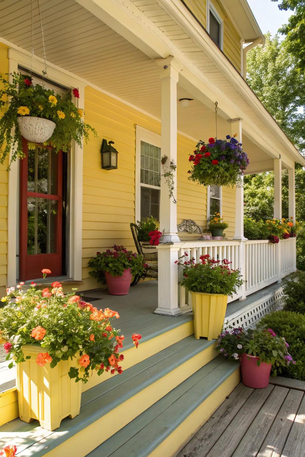 A sunny yellow porch with cheerful decor and bright flowers.