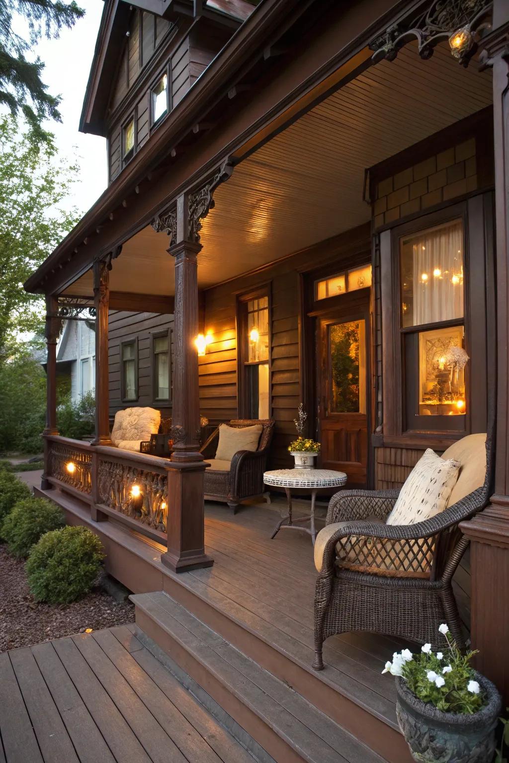 A rich chocolate porch with cozy seating and warm lighting.