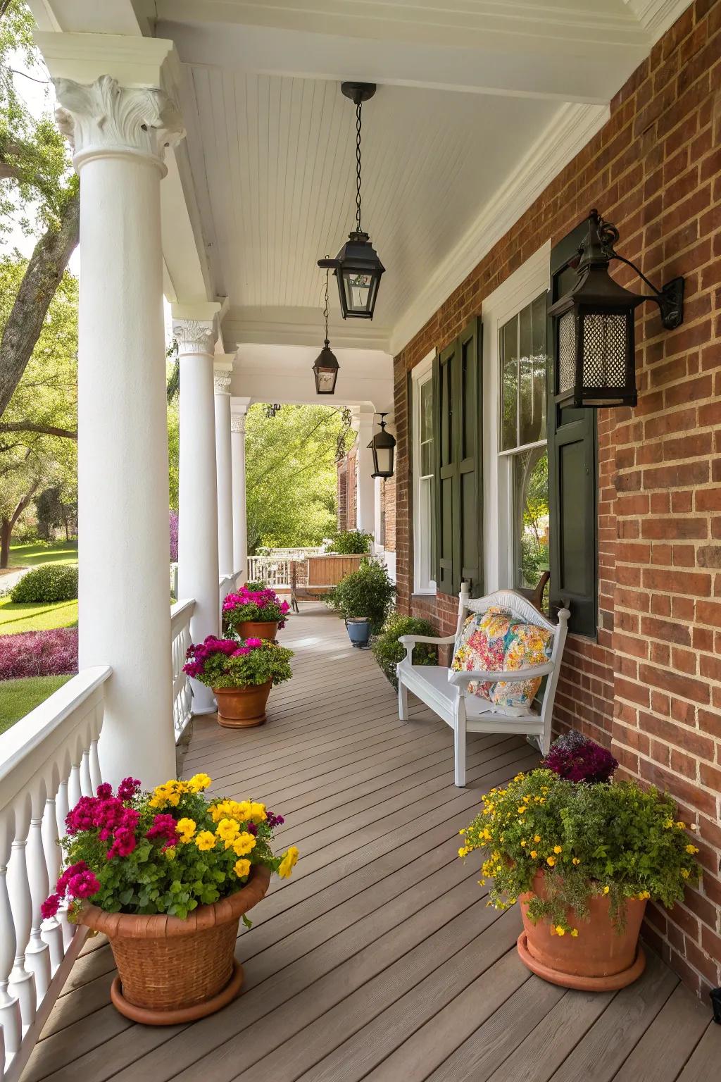 A classic white porch with vibrant accessories and natural elements.