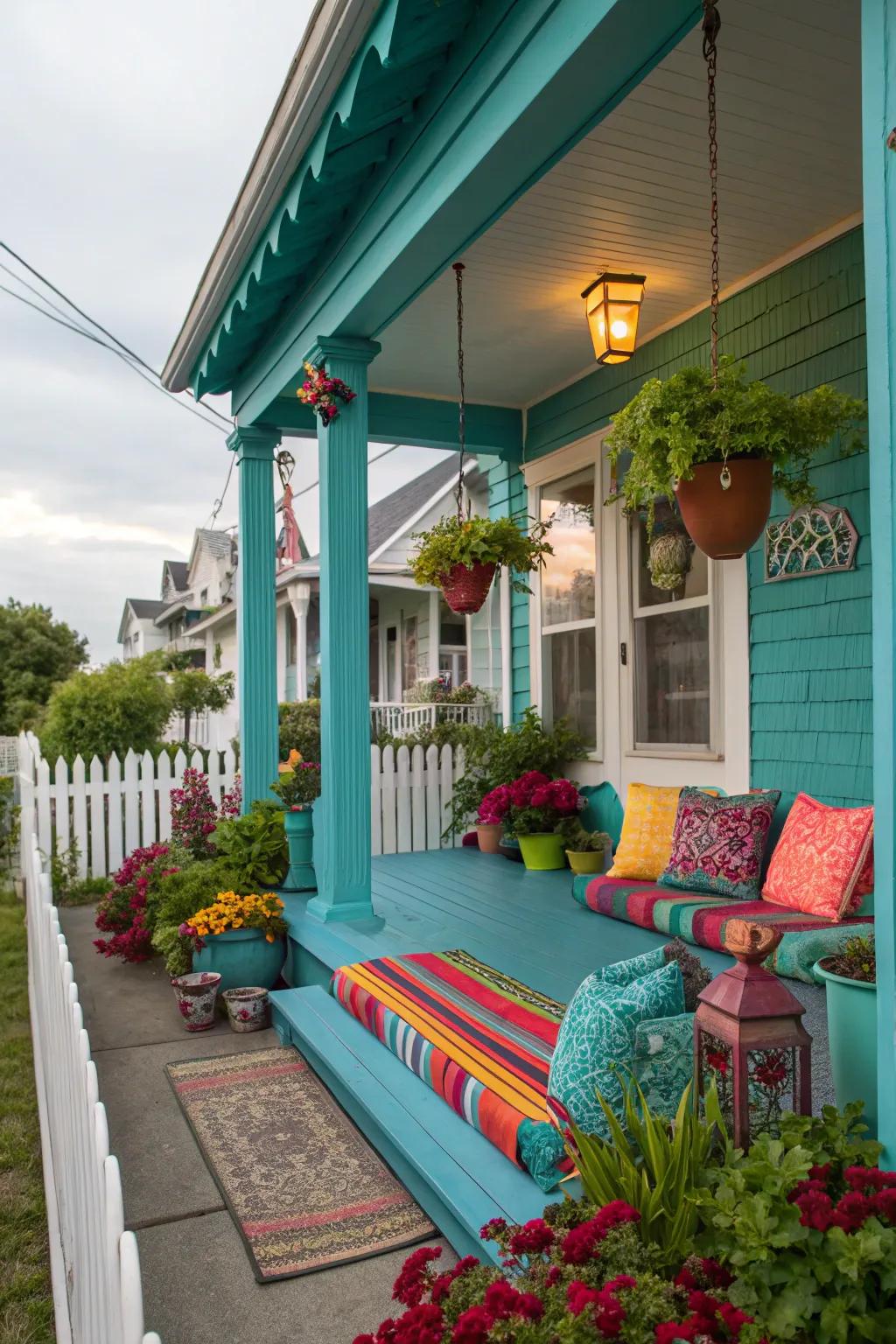A bold teal porch with striking decor and vibrant plants.