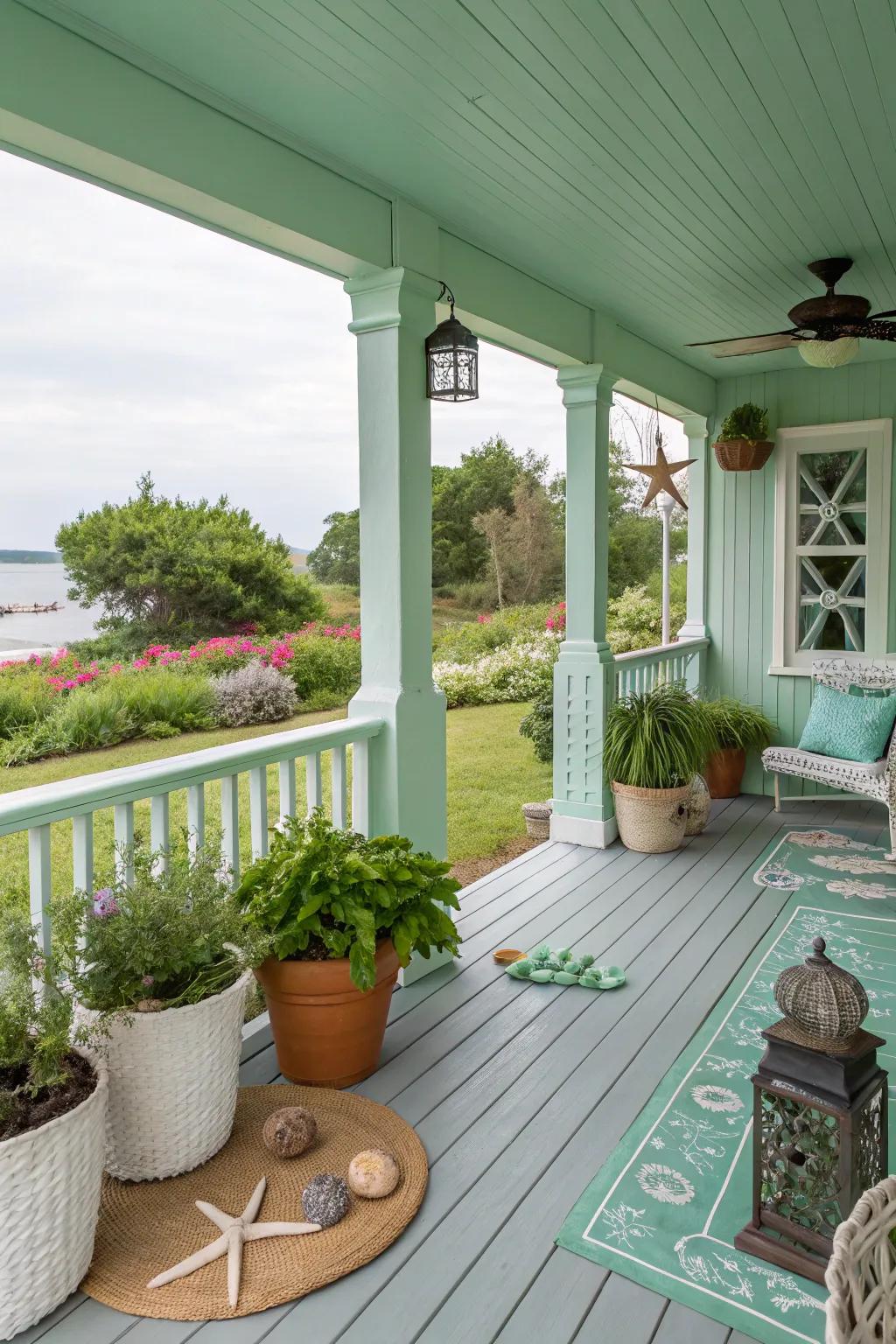 A seafoam green porch with coastal decor and garden elements.