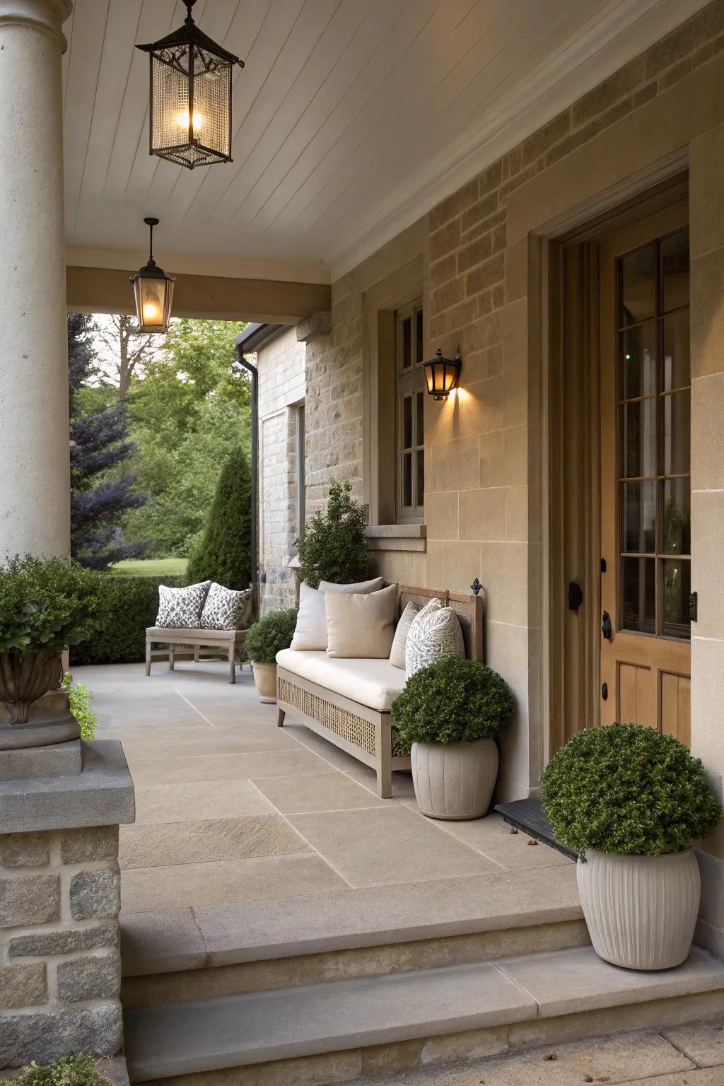 A subtle sandstone porch with elegant decor and neutral accents.