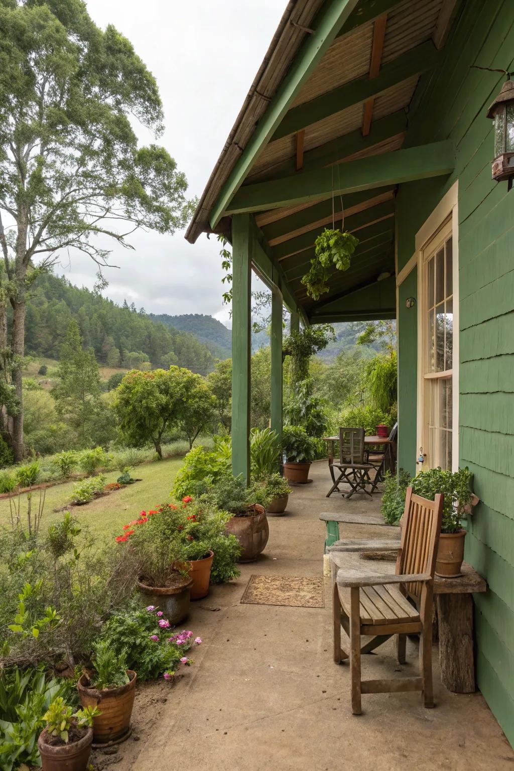 An earthy green porch surrounded by natural greenery and rustic elements.