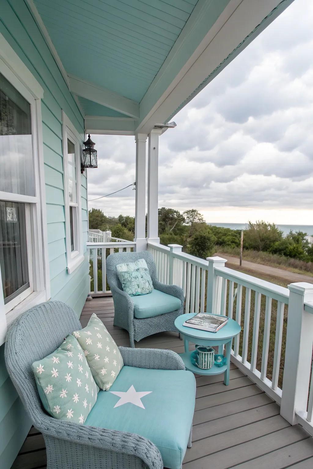 A light blue porch with comfortable seating and sky-themed decor.