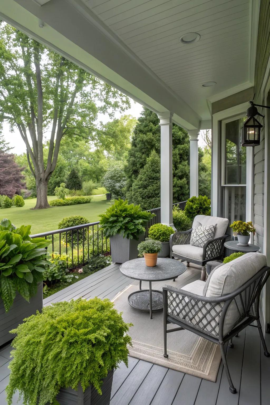A soft gray porch surrounded by lush greenery and modern decor.