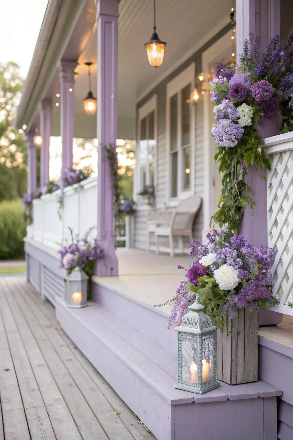 A muted lavender porch with calming decor and delicate flowers.