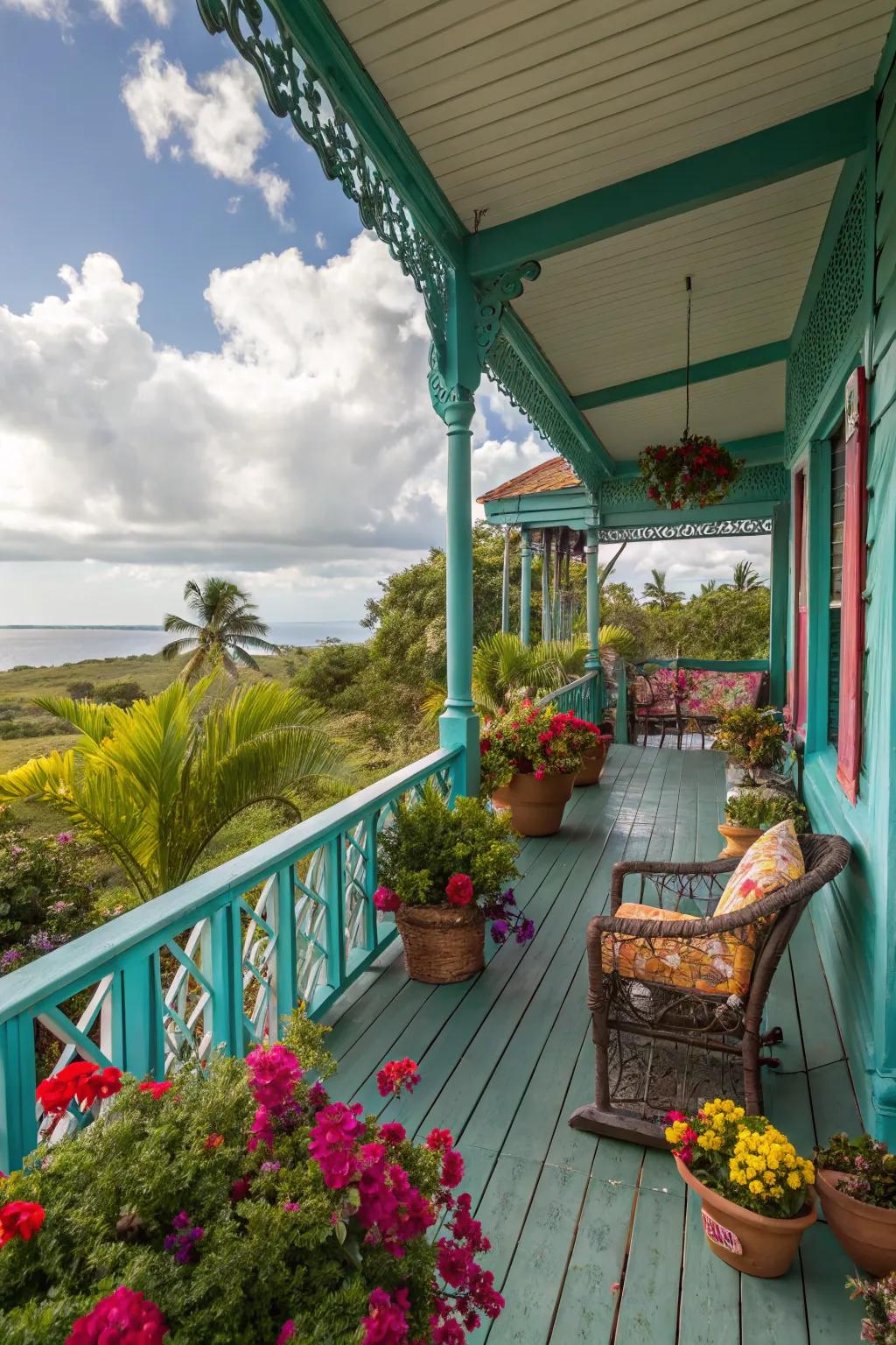 A tropical turquoise porch with vibrant decor and lush plants.