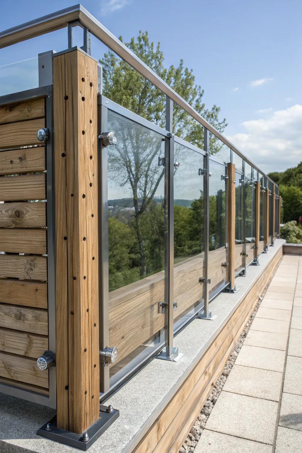 A unique fence design using a combination of wood, metal, and glass.