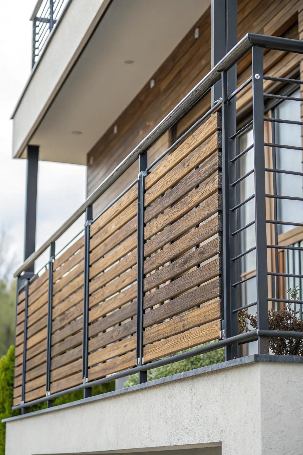 Horizontal wooden slats combined with metal frames for a rustic-modern look.