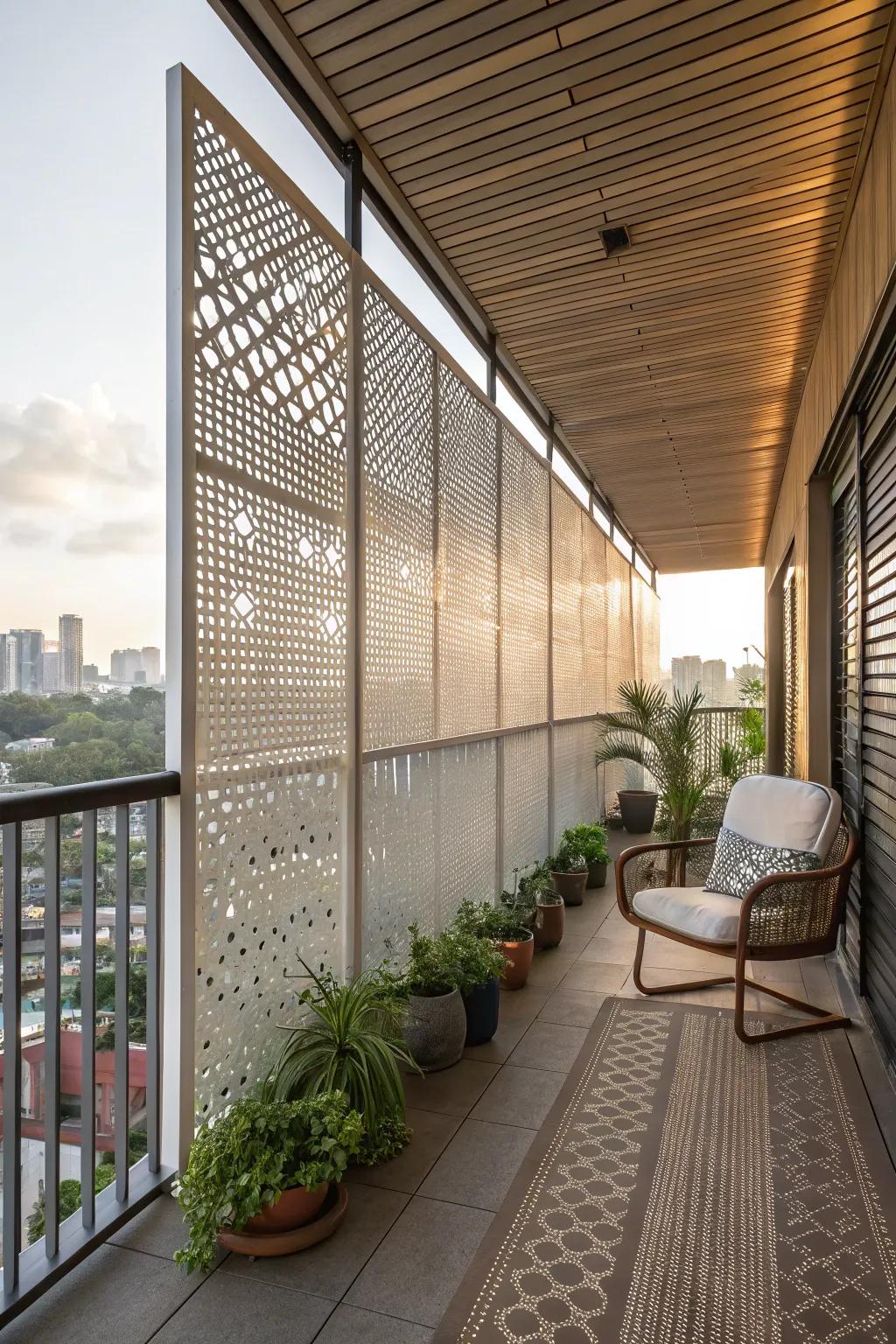 Perforated metal panels for subtle privacy and texture on the balcony.