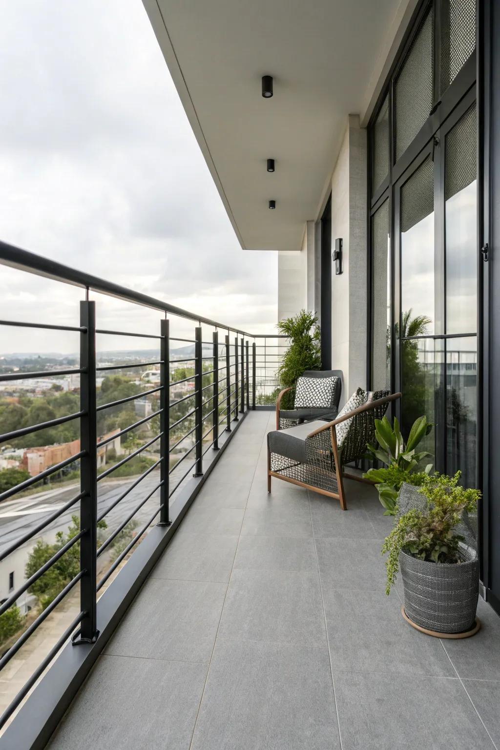 Sleek black aluminum railings for a minimalist balcony look.