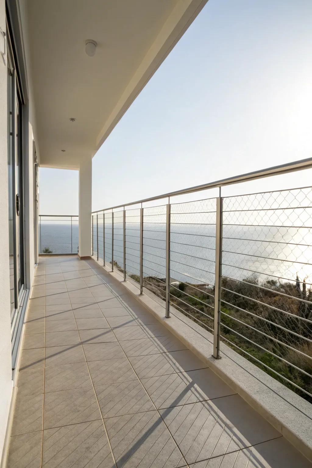 Minimalist wire fencing for a clean and simple balcony appearance.