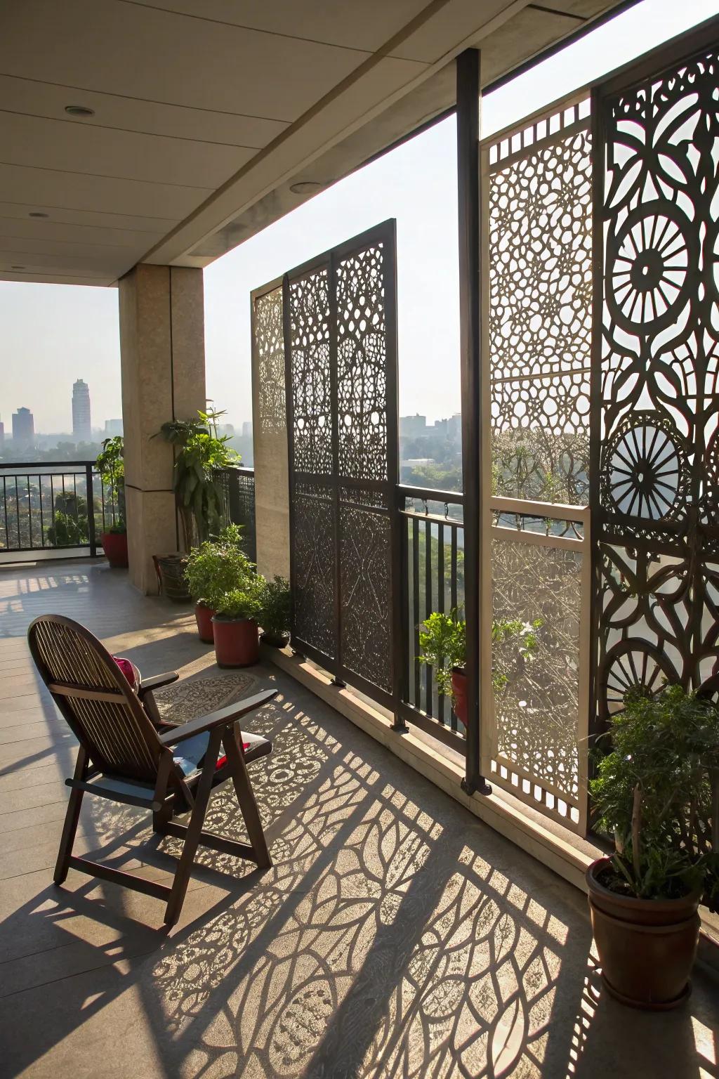 Patterned metal screens for artistic and functional balcony elements.