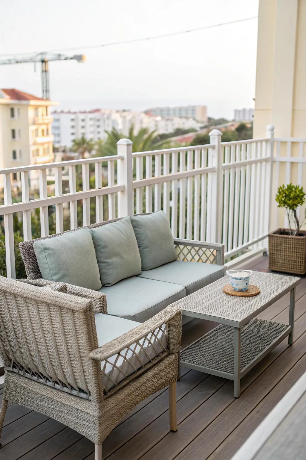 Coordinated fence and furniture set for an inviting outdoor space.