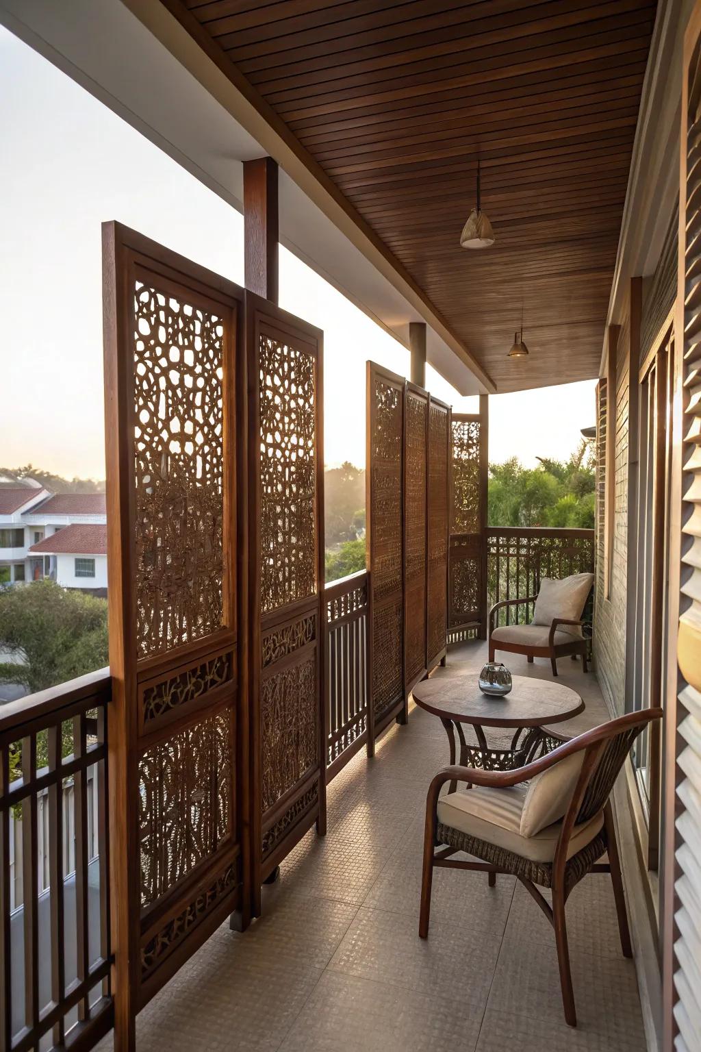 Wooden privacy screens providing seclusion and warmth.