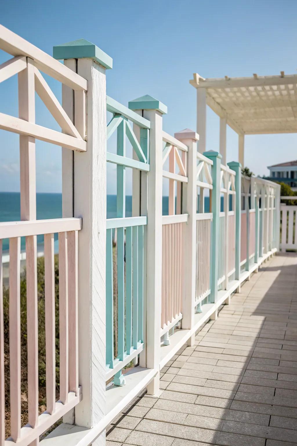 A coastal-themed balcony fence with light colors and airy materials.