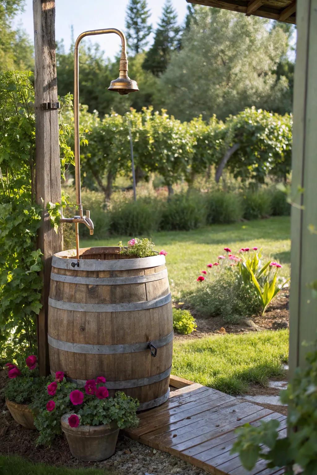 Add rustic charm with repurposed materials in your shower design.