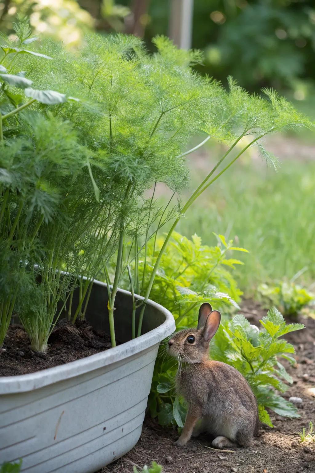 Dill weed sprouting in a rabbit-friendly garden.
