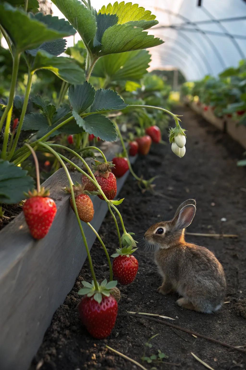 Strawberries offer a sweet treat for rabbits.