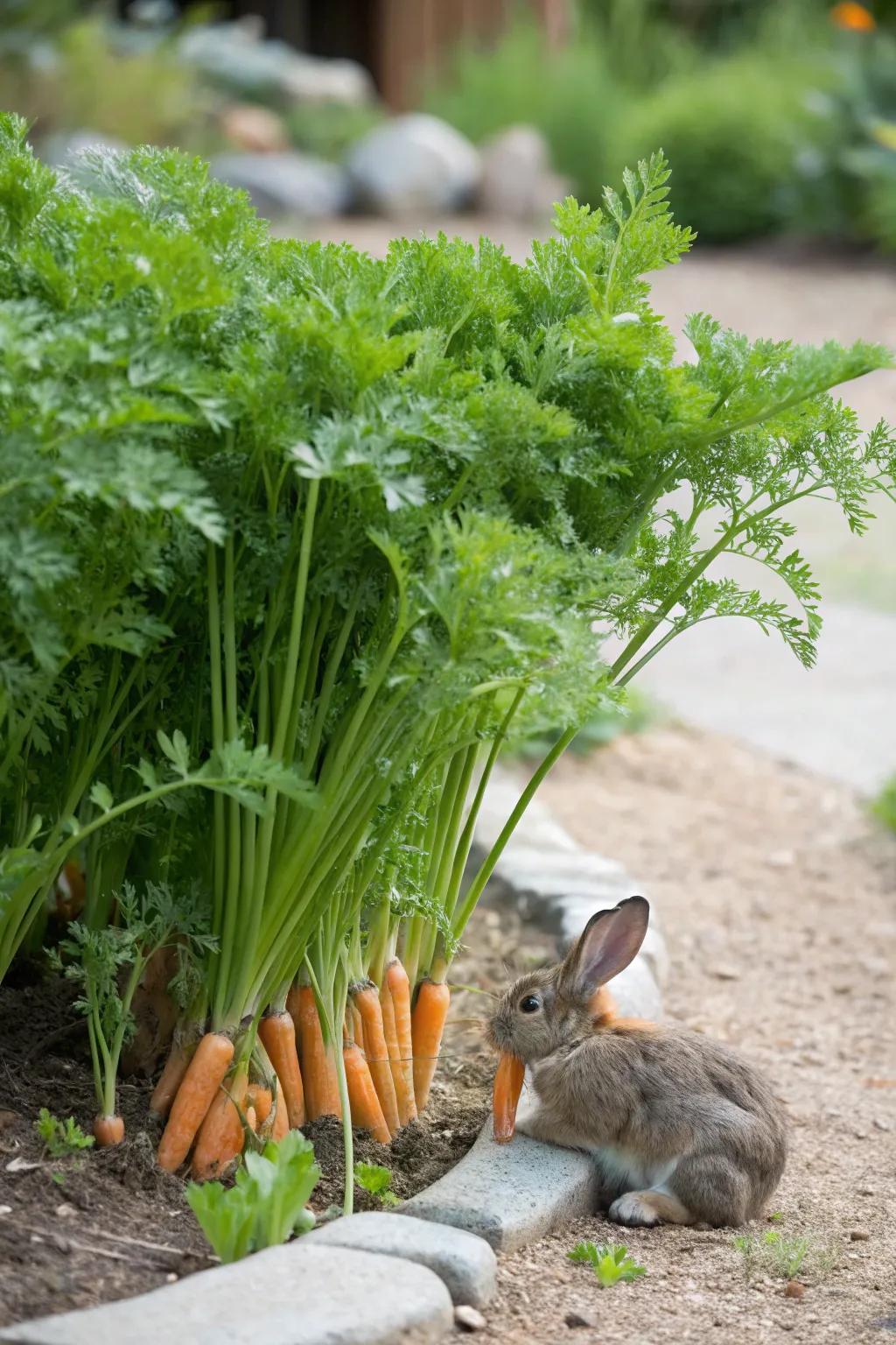 Carrot tops providing a tasty treat before the harvest.