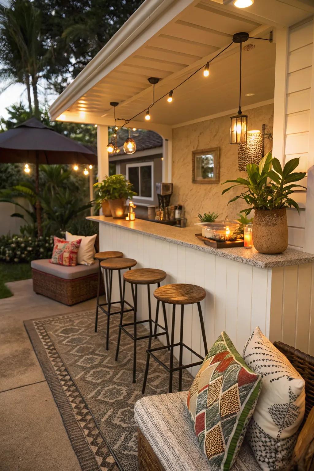 A cozy corner lanai bar with inviting seating and stylish decor.