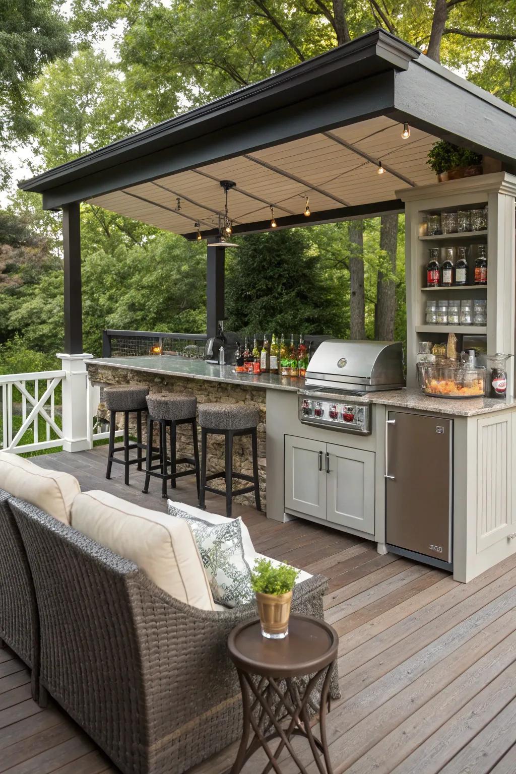 A lanai bar seamlessly integrated with an outdoor kitchen.