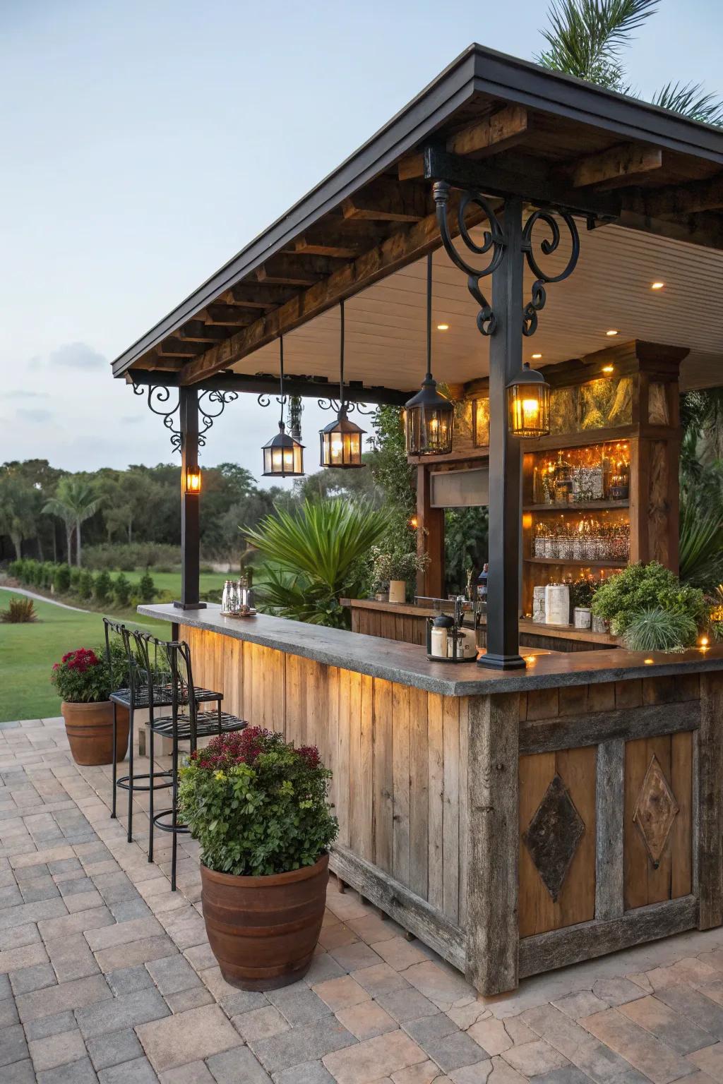 A rustic lanai bar with reclaimed wood and natural elements.