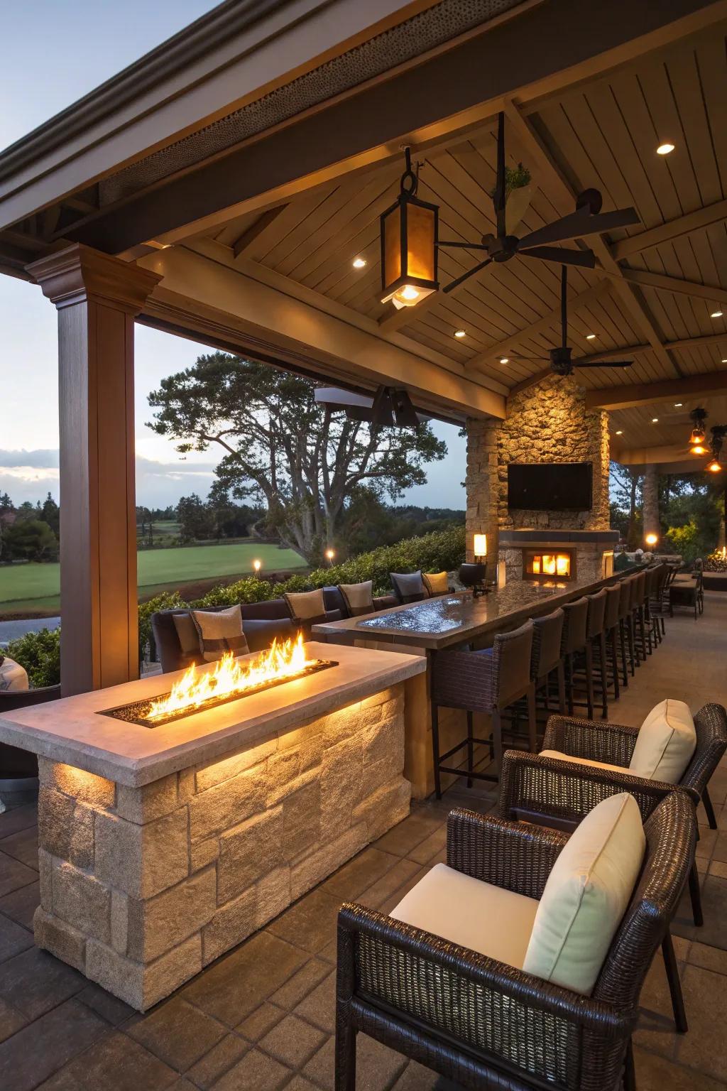 A lanai bar with a cozy fire feature as the focal point.
