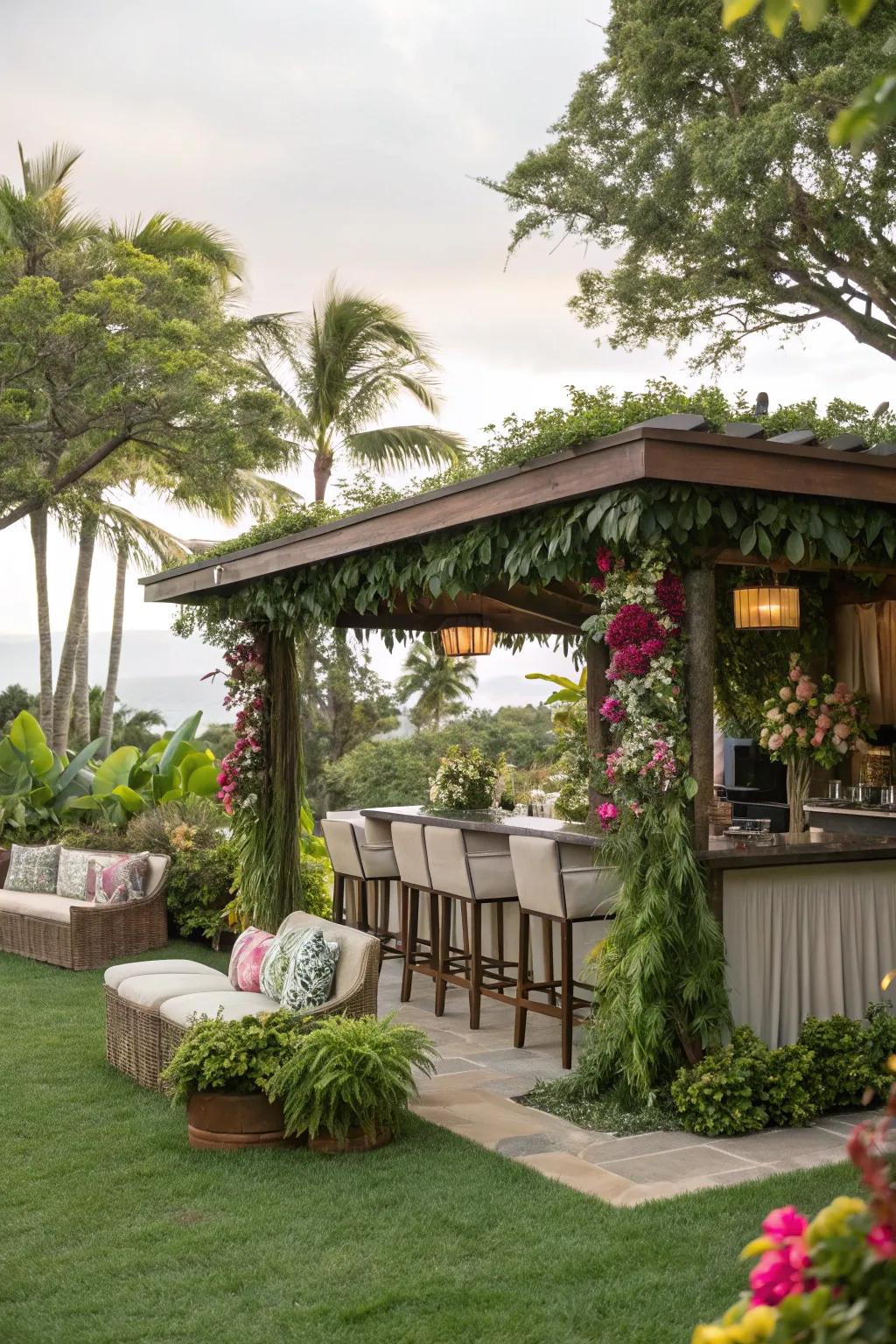 A garden oasis lanai bar surrounded by lush greenery.