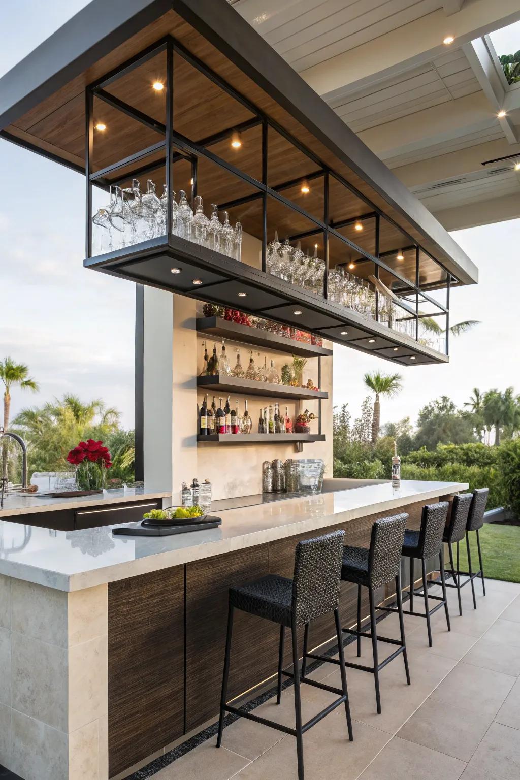 A lanai bar with sleek floating shelves for organization.
