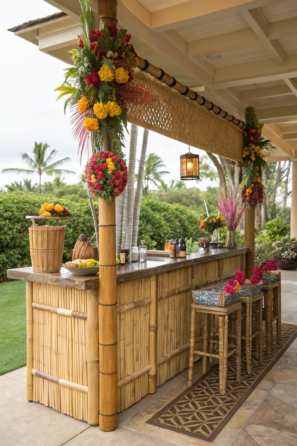 A tiki-themed lanai bar with bamboo and vibrant tropical decor.