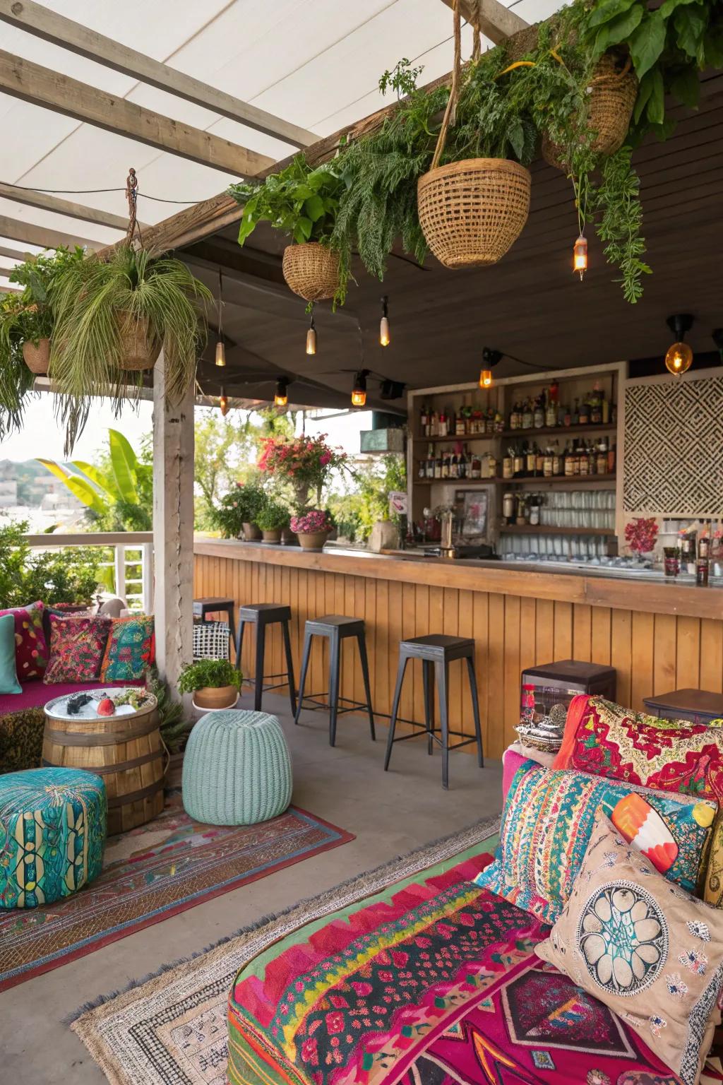 A bohemian dream lanai bar with vibrant decor.