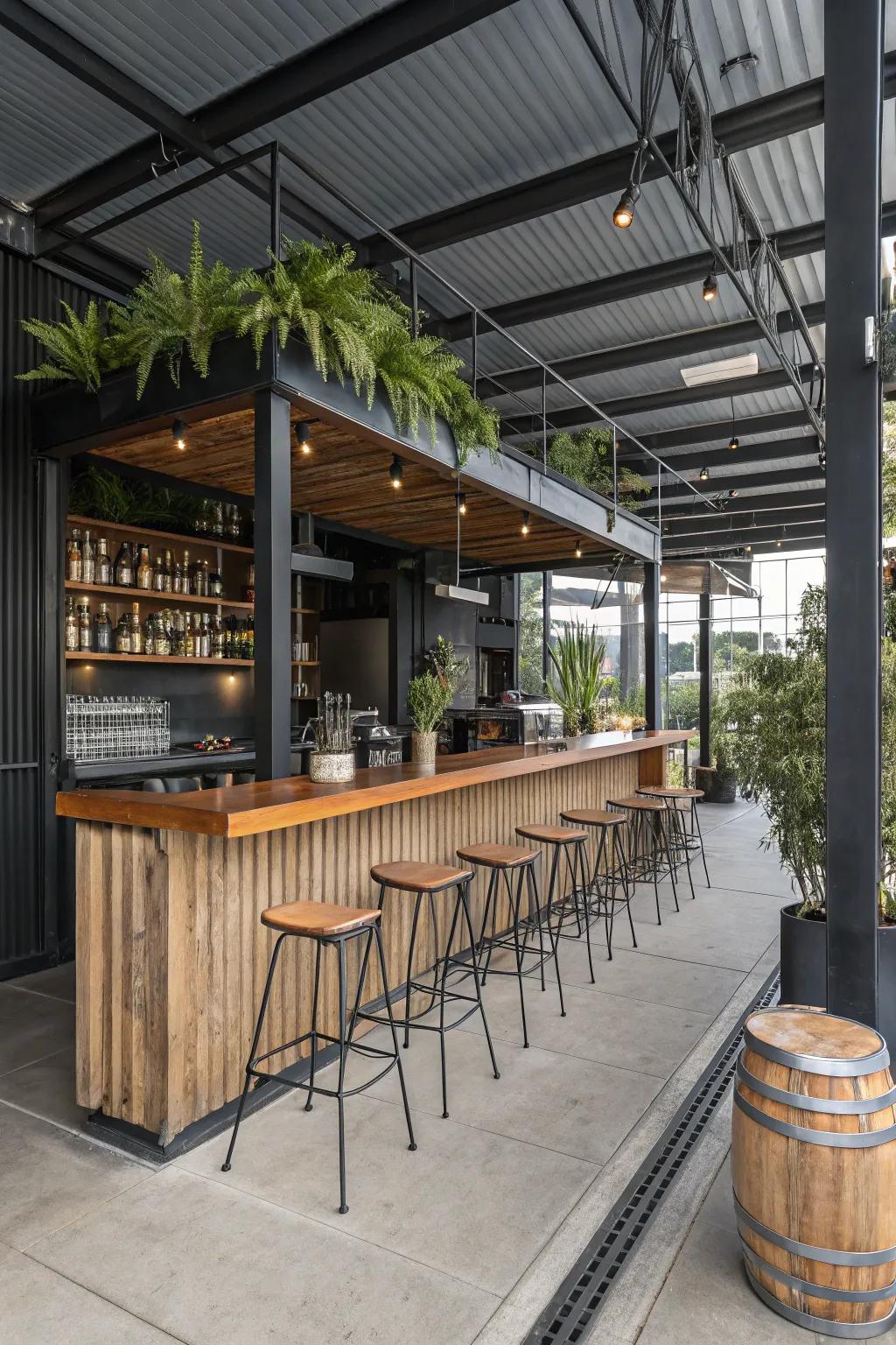 An industrial chic lanai bar with a modern edge.
