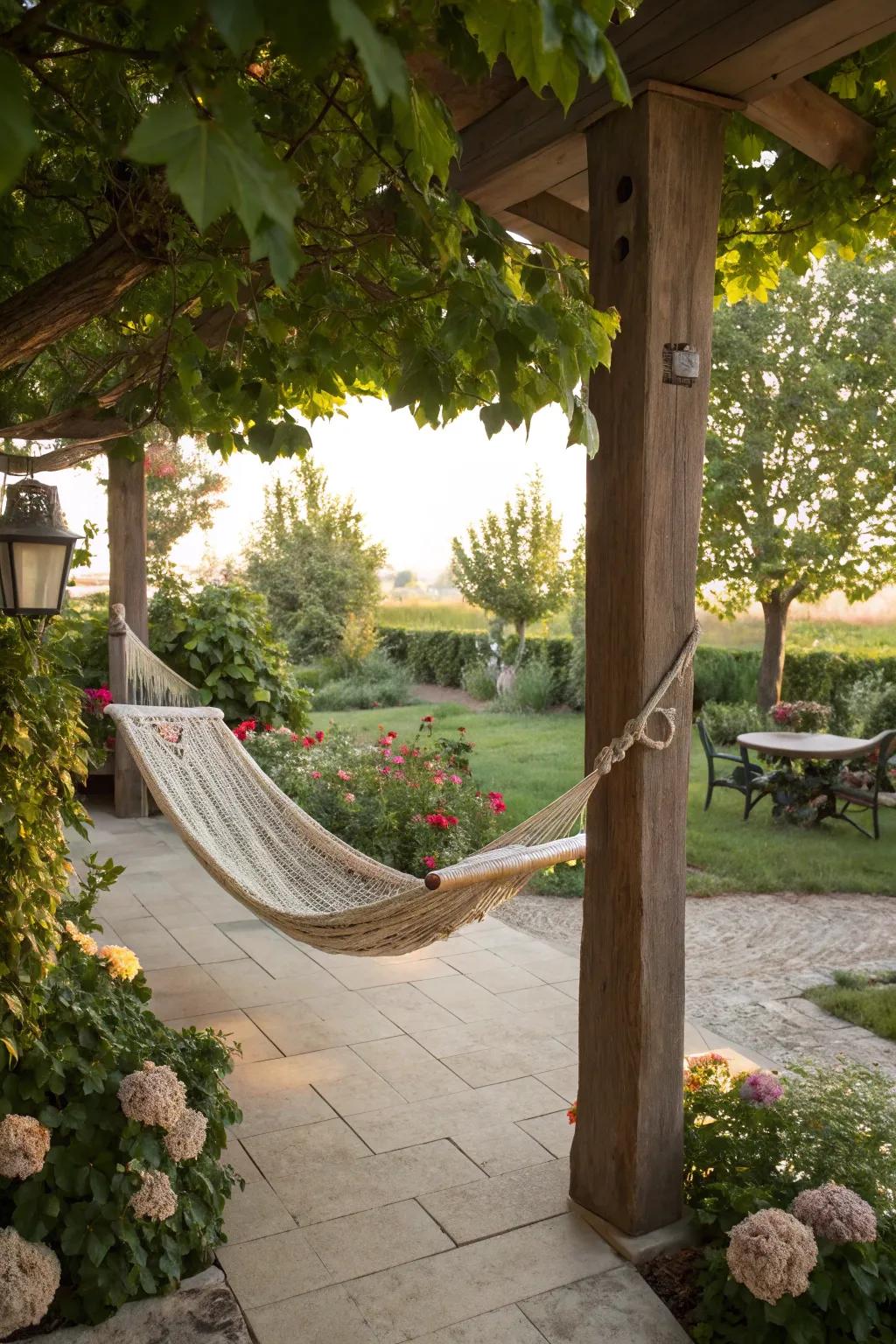 A hammock that invites you to relax and unwind on your patio.