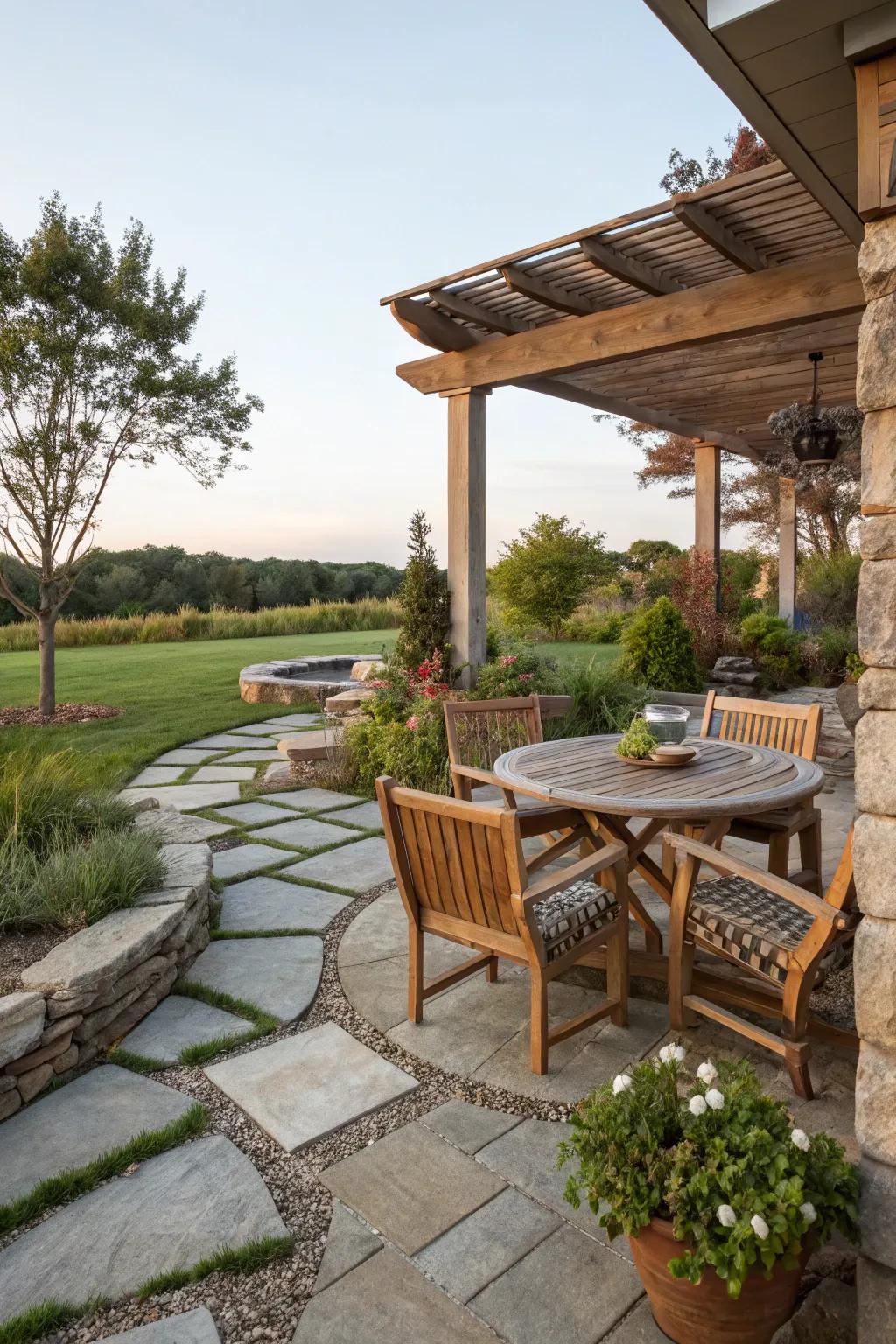 Natural materials that create a seamless and earthy patio design.