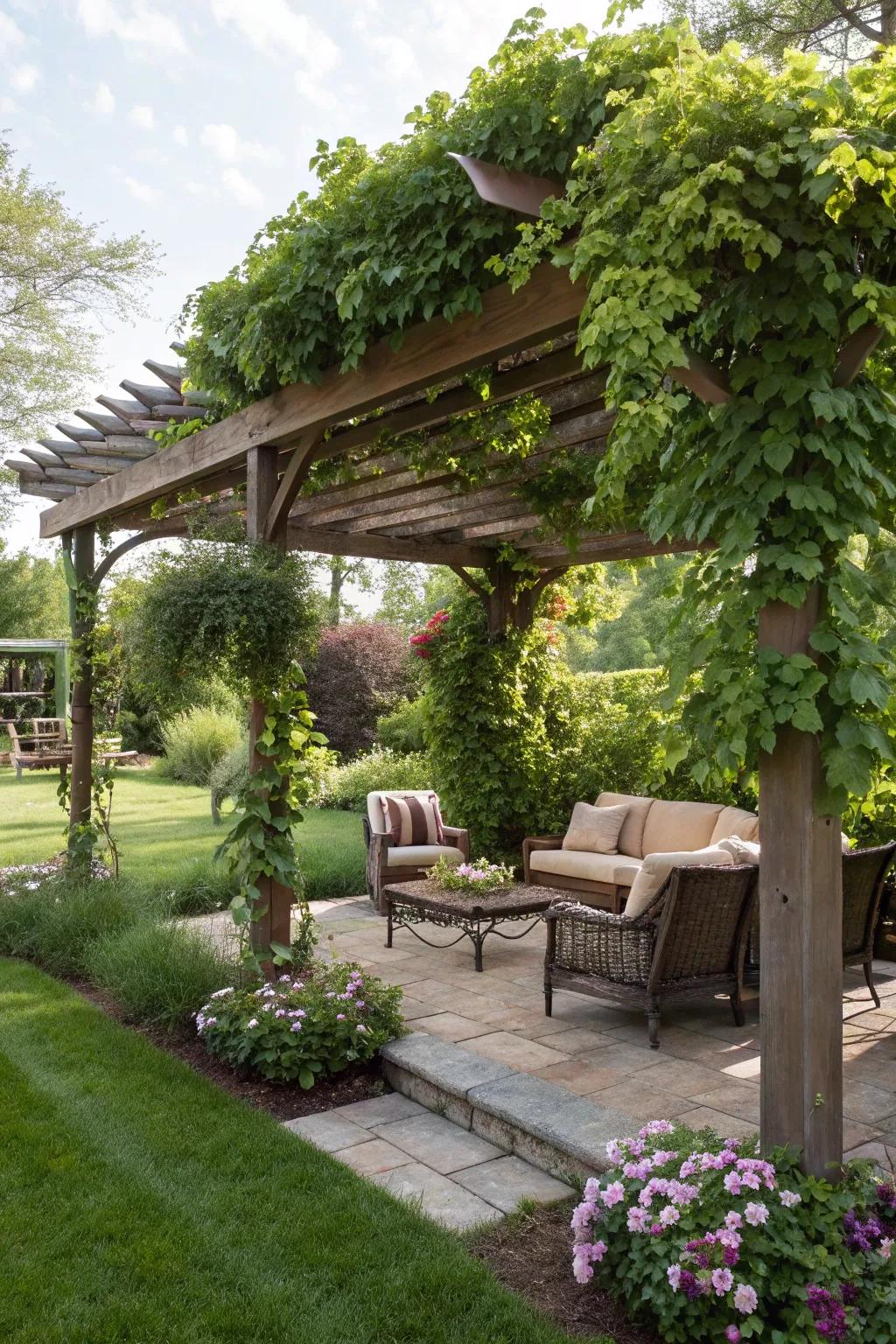 A pergola draped with greenery offers a stylish retreat.