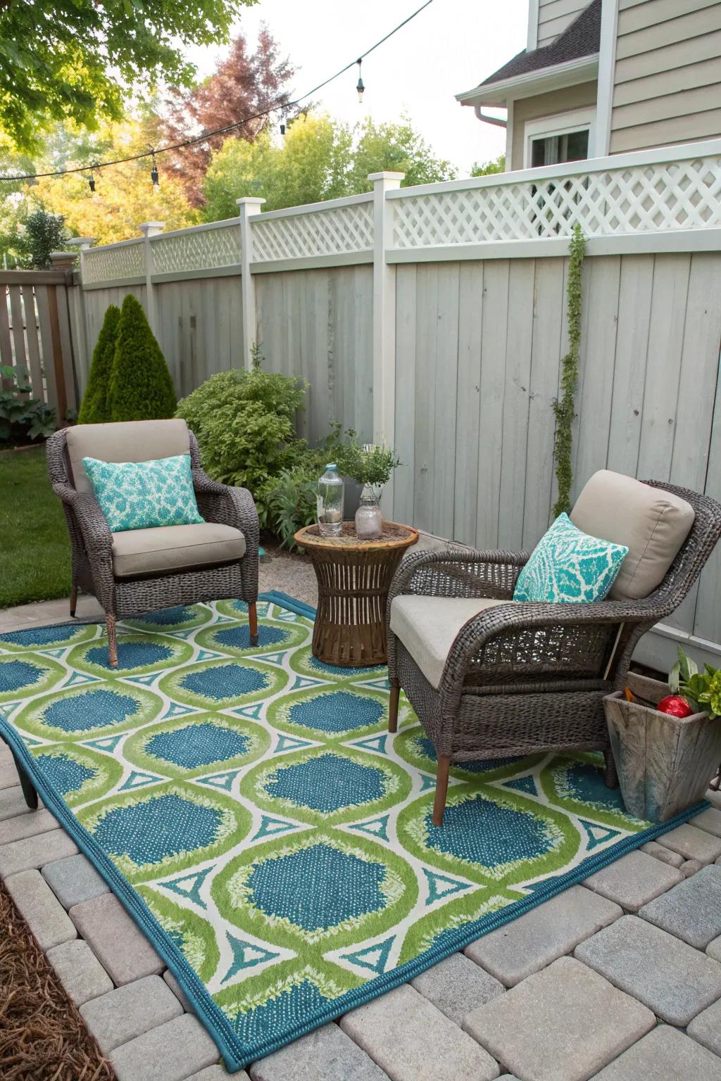 Outdoor rugs add color and comfort to your backyard.