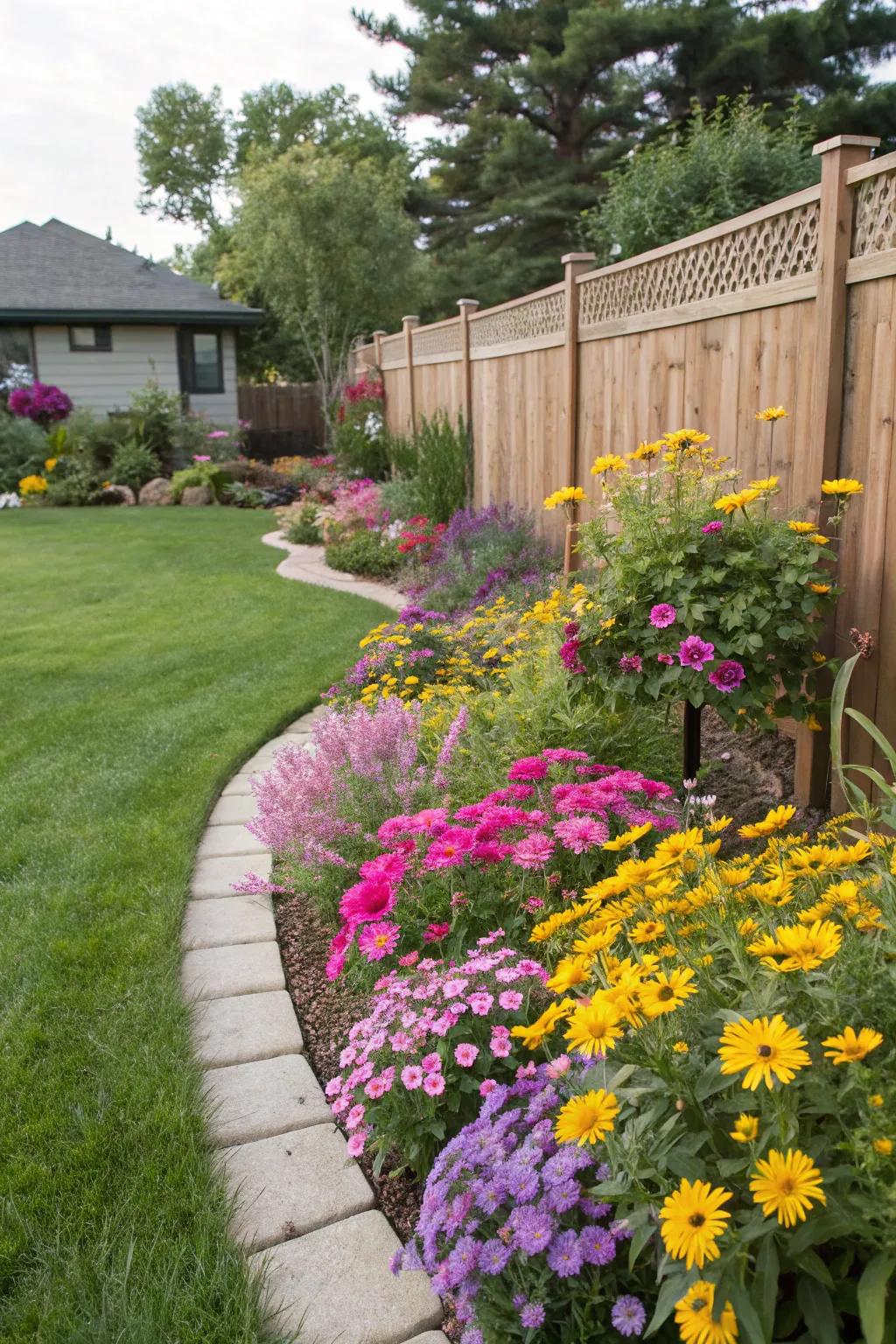 Colorful flower beds brighten up any backyard.