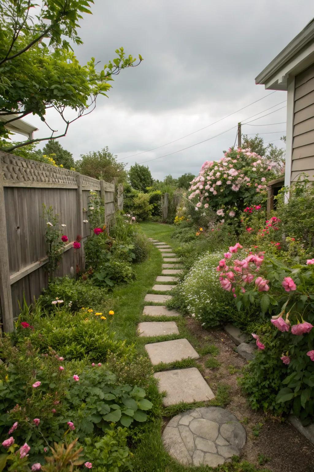 A garden pathway adds charm and guides guests through the greenery.