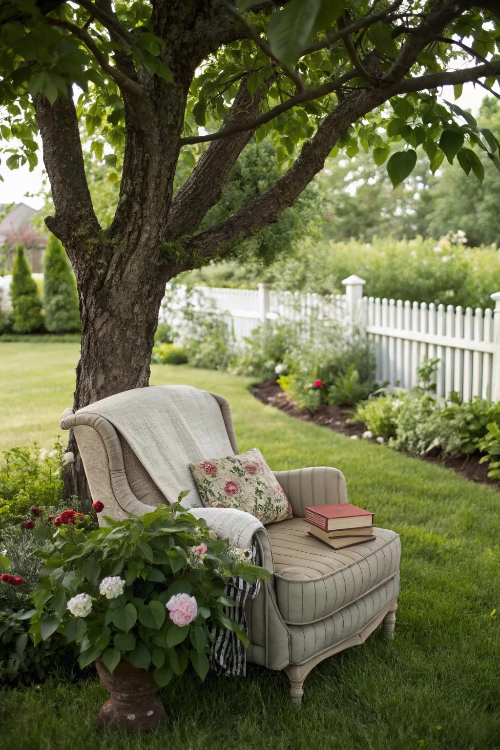 A secret reading nook offers a peaceful retreat in the backyard.