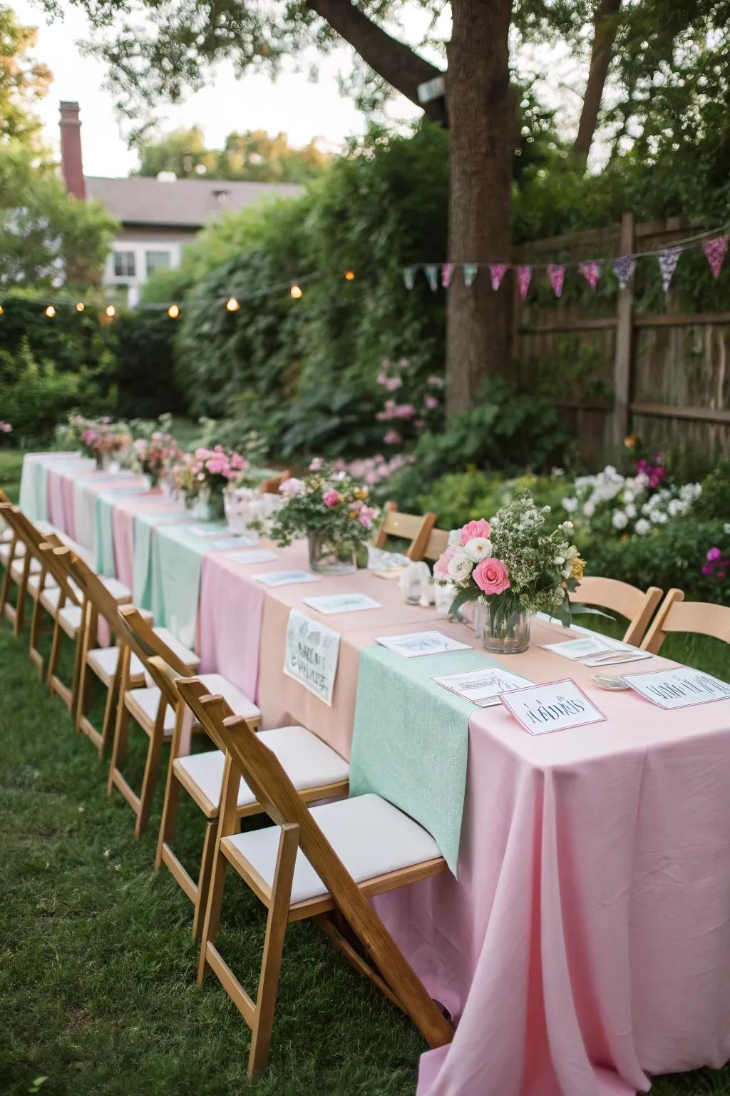 Elegant tablescapes with a personal touch for a backyard bridal shower.