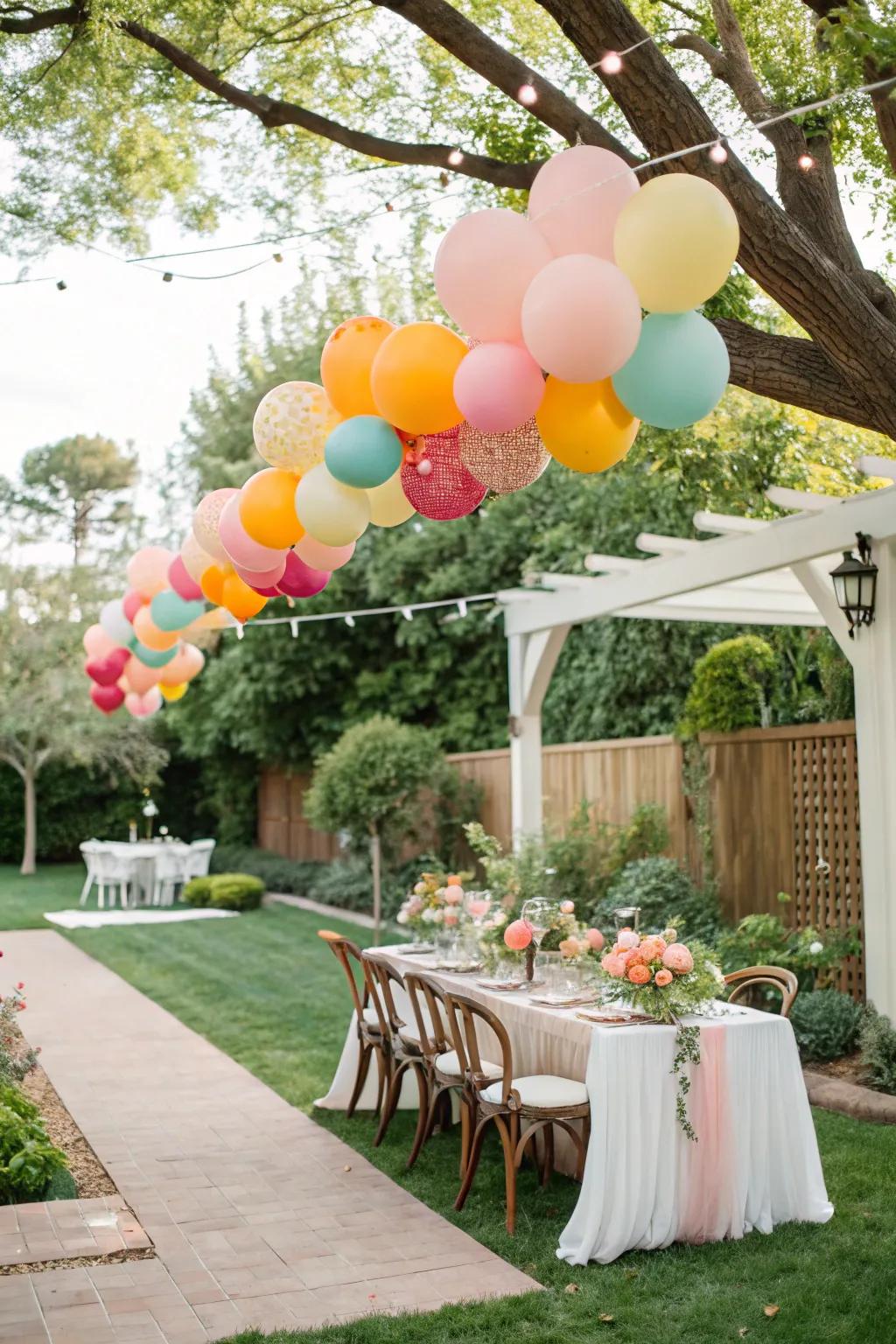 A vibrant DIY balloon garland adds a festive touch to the bridal shower.
