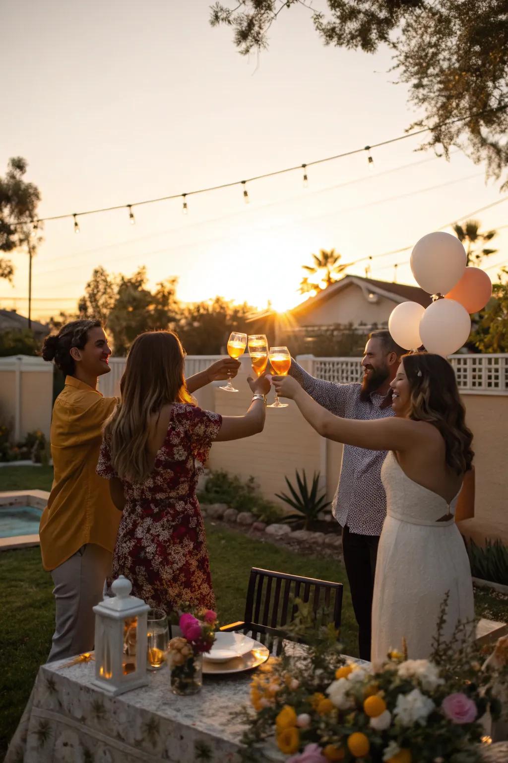 A sunset toast creates a magical and heartfelt moment for everyone.