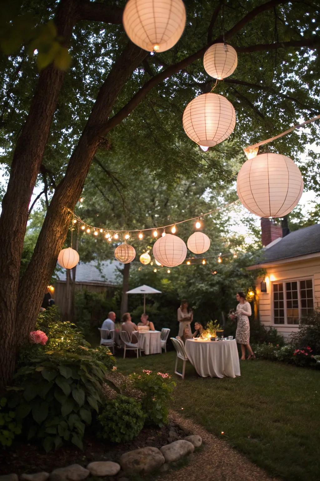 Whimsical paper lanterns create an enchanting atmosphere as dusk falls.
